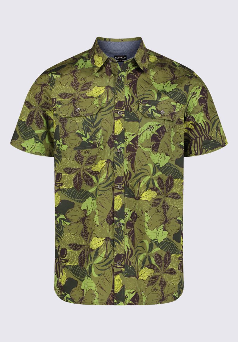 Buffalo David Bitton Sayool Men’s Woven Short Sleeve Shirt in Leaf Print, Moss Green - BM24282 Color