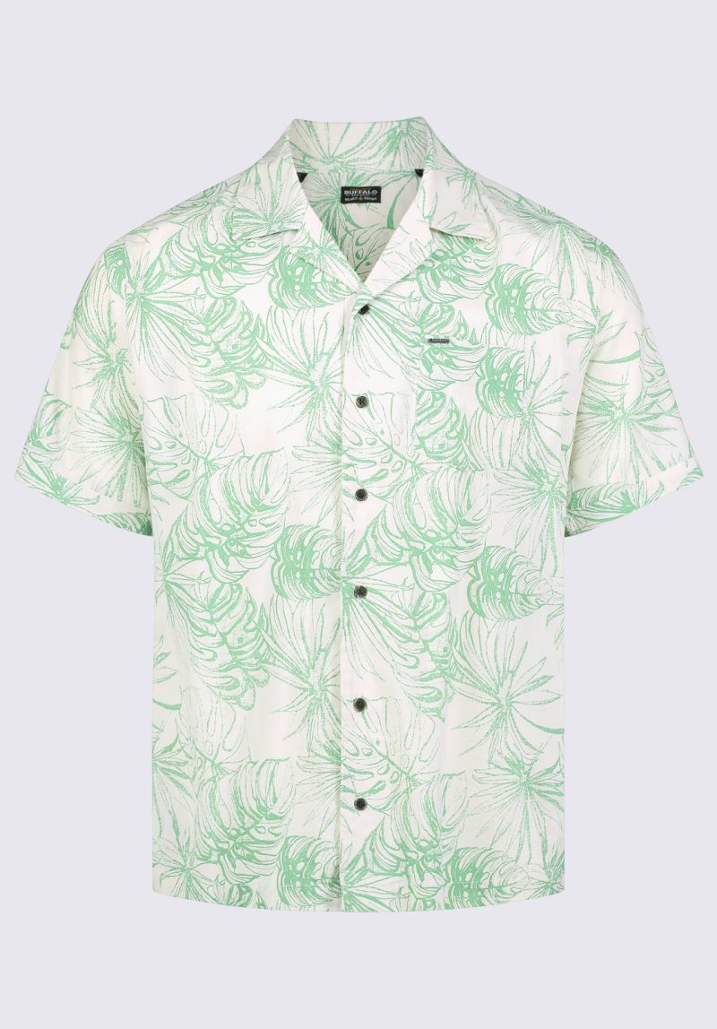 Buffalo David Bitton Suresh Men's Short Sleeve Camp Shirt, Beige with Green Print - BM24293 Color