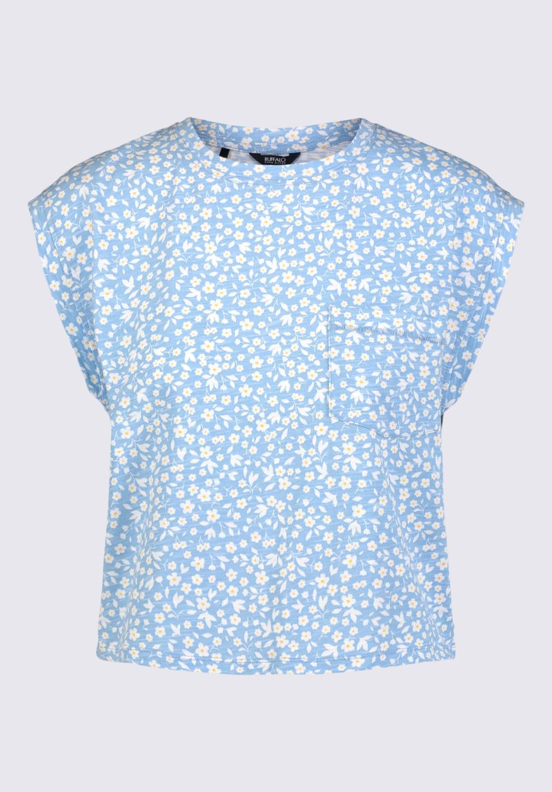 Buffalo David Bitton Amandine Women's Cap-Sleeve Crop Top, Blue with White Flowers - KT0148S Color